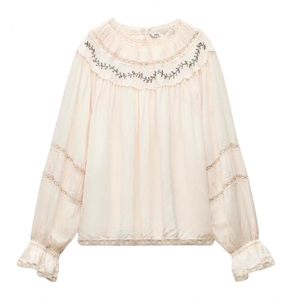 Zara Women Cream Lace Embroidered Boho Blouse Long Sleeve Beaded Top Size Large